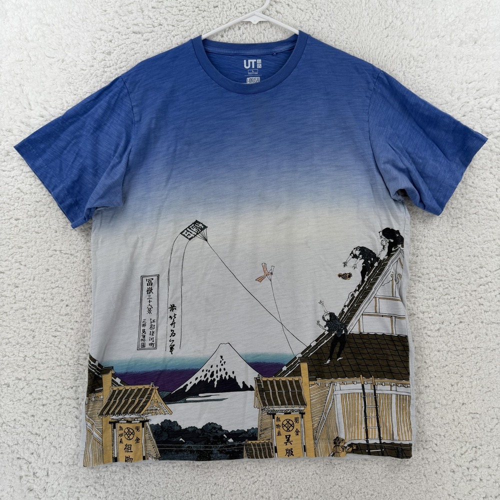 Uniqlo UT Hokusai Blue Mount Fuji Graphic Tee Shirt Mens Large Blue 341-408281